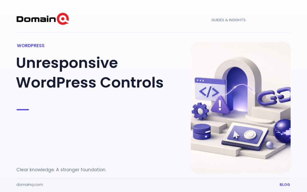 How to Diagnose JavaScript Errors When WordPress Menus or Buttons Do Not Work — DomainQ blog cover illustration