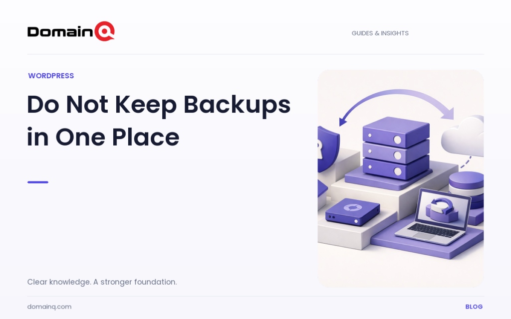 Where Should WordPress Backups Be Stored? Local and Remote Copies — DomainQ blog cover illustration