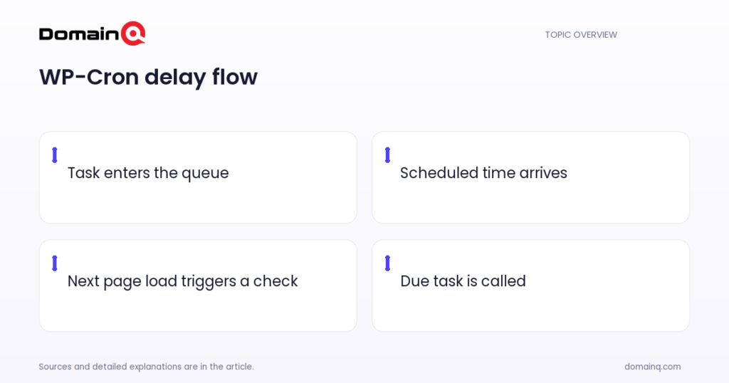 WP-Cron delay flow: Task enters the queue; Scheduled time arrives; Next page load triggers a check; Due task is called