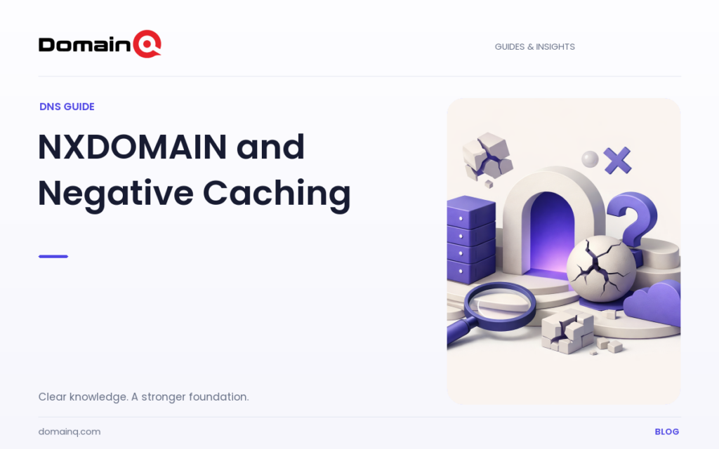 Why does a DNS query return NXDOMAIN? How negative caching works — DomainQ blog cover illustration