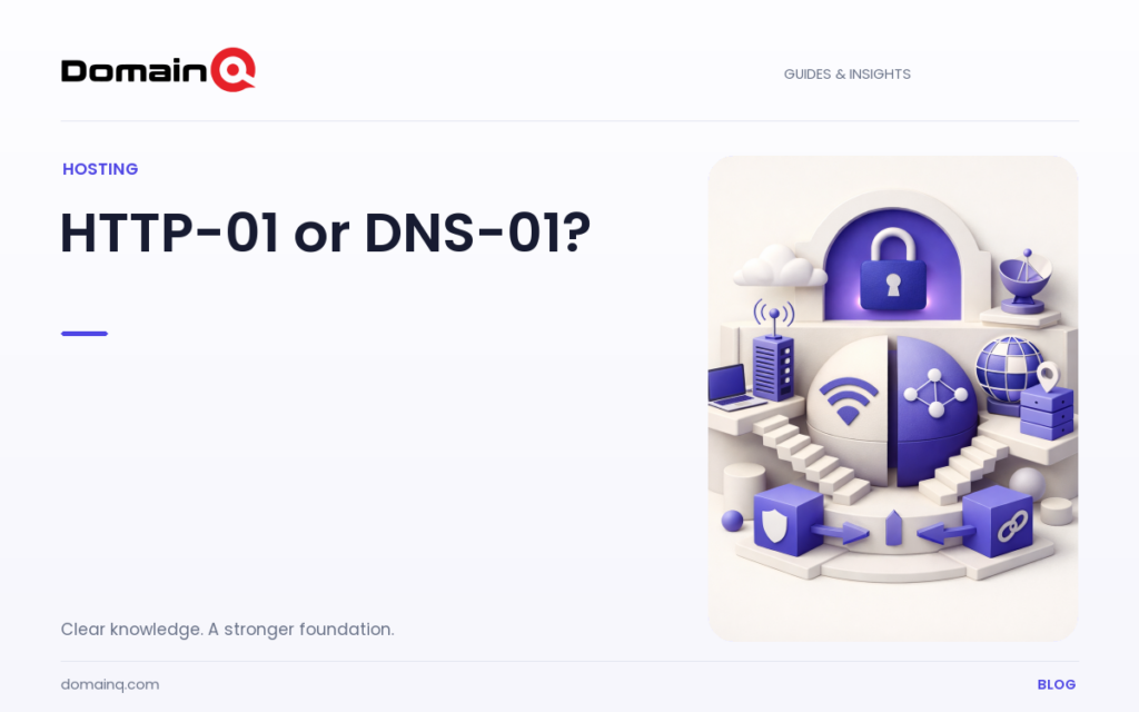 How to Compare HTTP-01 and DNS-01 Dependencies for ACME Certificate Renewal — DomainQ blog cover illustration