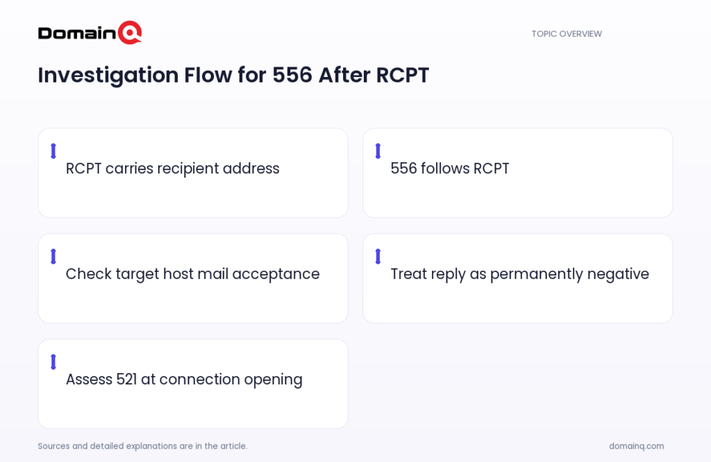 Investigation Flow for 556 After RCPT: RCPT carries recipient address; 556 follows RCPT; Check target host mail acceptance; Treat reply as permanently negative; Assess 521 at connection opening